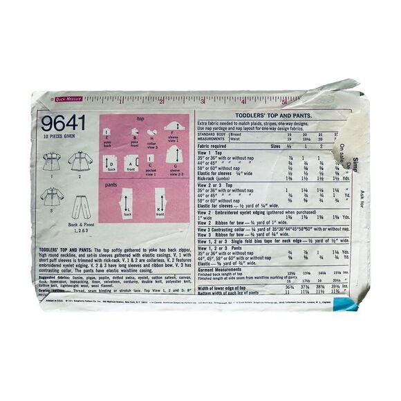 Vtg 1970s Simplicity Girls Sewing Pattern 9641 Shirt Pants Puff Sleeves Sz 1 - Picture 2 of 2